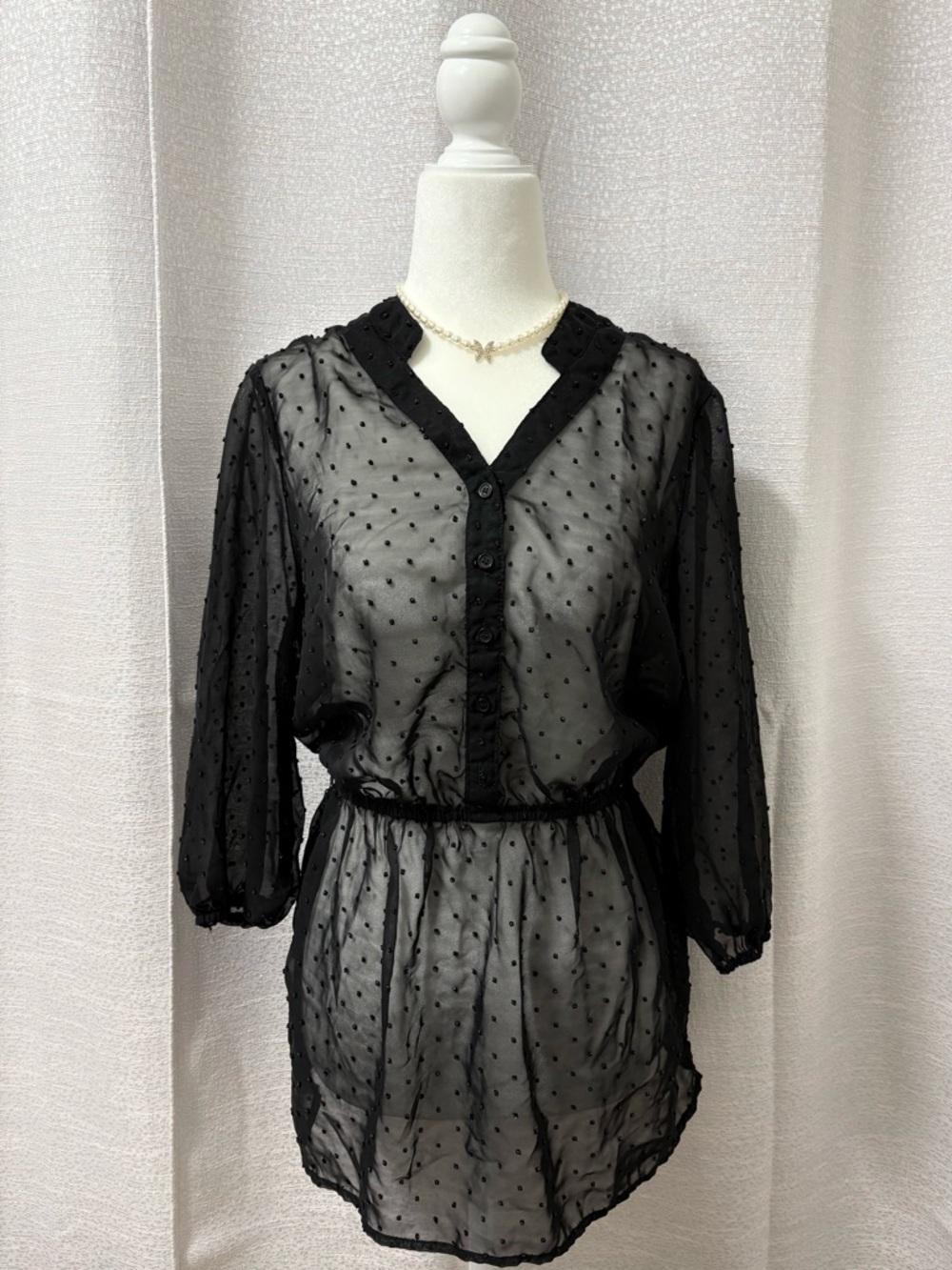 Mossimo Supply Co. Women’s Sheer Black Swiss Dot Cinched Waist Blouse Top Medium